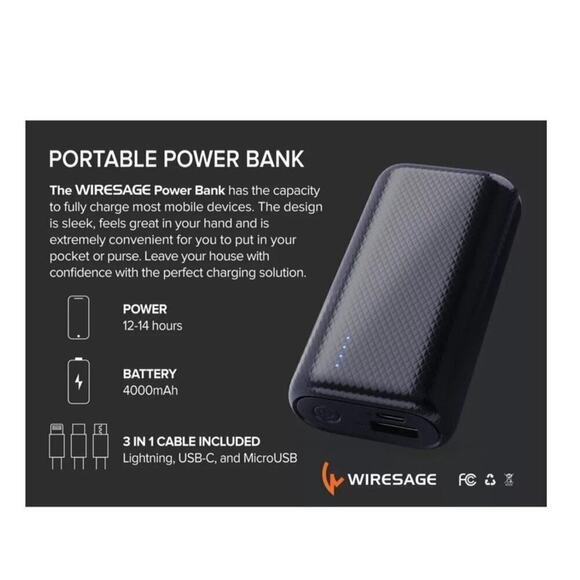 Wiresage Power Bank - 4000 mAh - Black, Works With Any USB-A Charging Cable, NIB - Picture 2 of 5